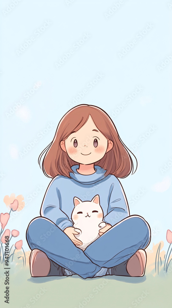 A girl is sitting on the grass holding a white cat. The girl is smiling and the cat is looking at her. The scene is peaceful and happy A girl is sitting on the grass holding a white cat. The girl is smiling and the cat is looking at her. The scene is peaceful and happy