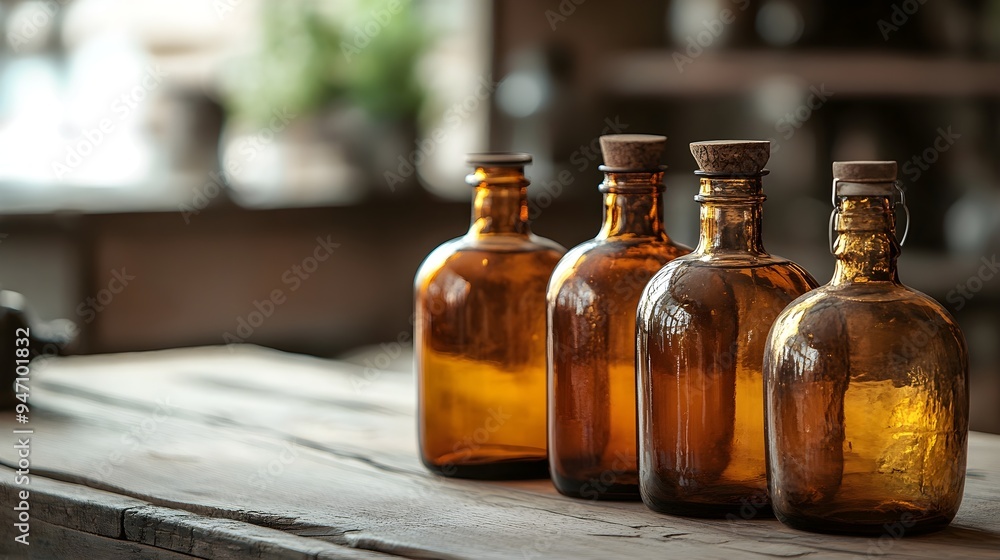 Amber Glass Bottles on Rustic Wooden Table Amber Glass Bottles on Rustic Wooden Table