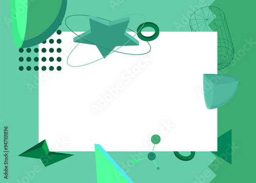 Turquoise and green geometrical graphic retro theme background with place for text. Minimal geometric elements frame. Vintage abstract shapes vector illustration for advertising.