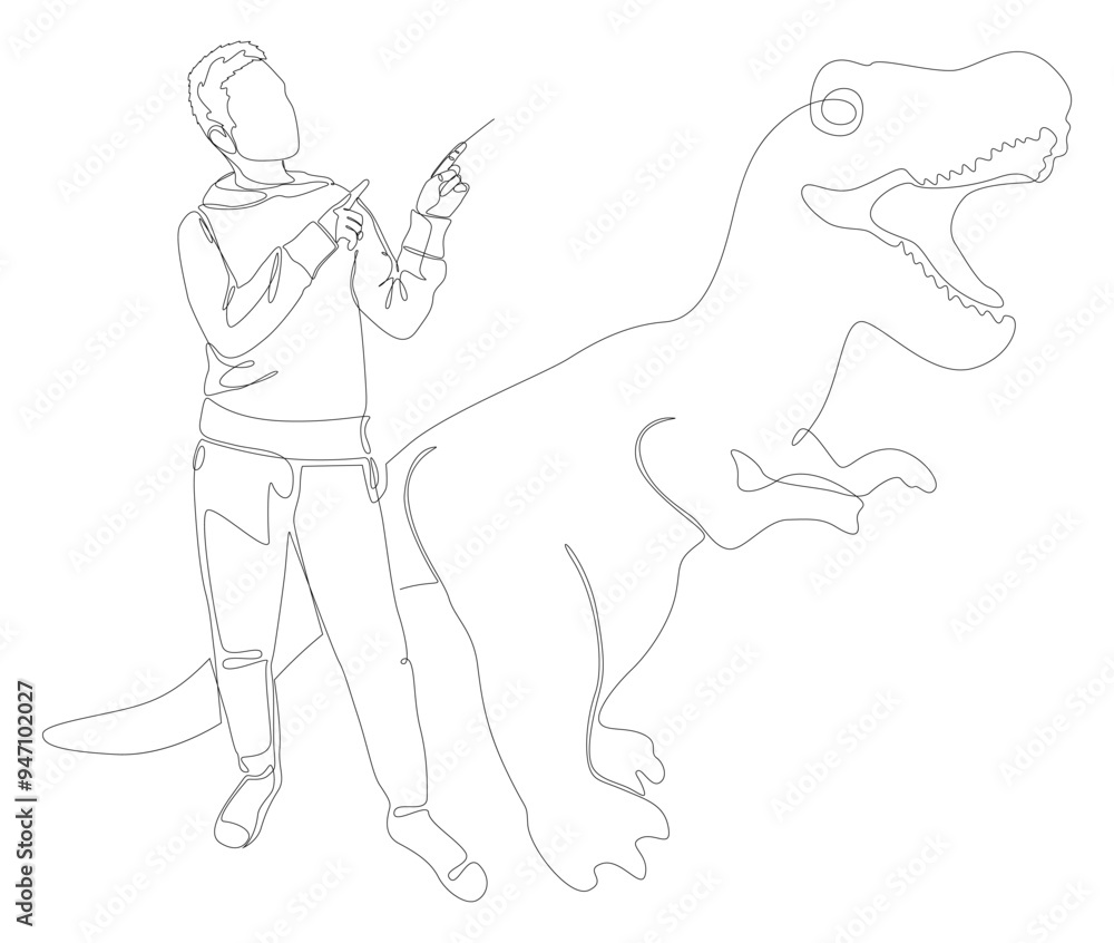 Fototapeta premium One continuous line of Man pointing with finger at Dinosaur. Thin Line Illustration vector concept. Contour Drawing Creative ideas.