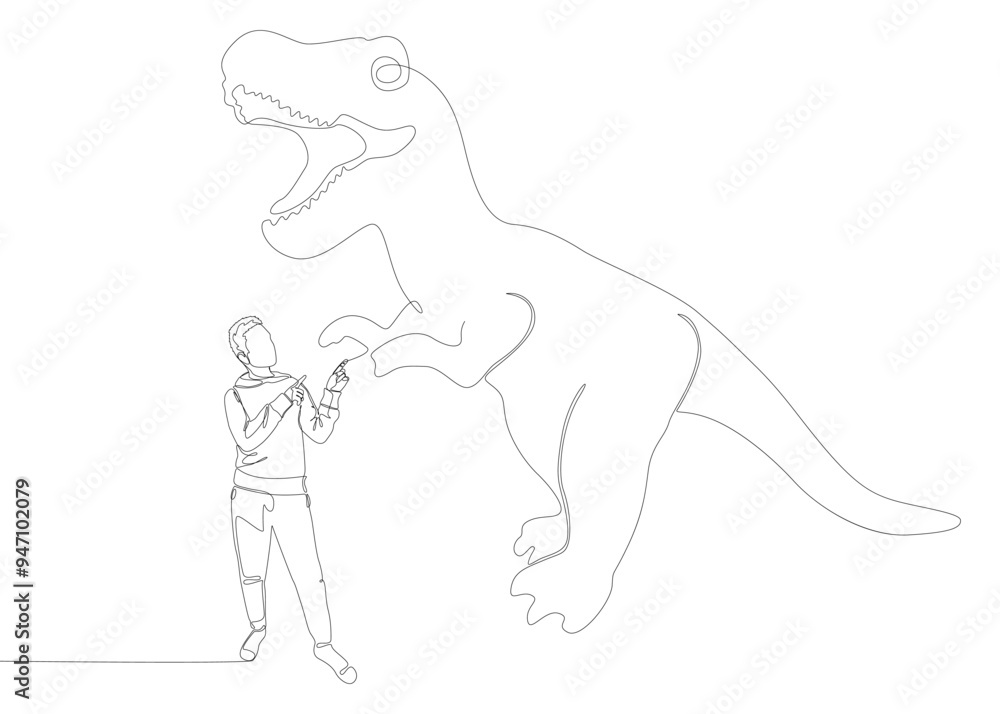 One continuous line of Man pointing with finger at Dinosaur. Thin Line Illustration vector concept. Contour Drawing Creative ideas. One continuous line of Man pointing with finger at Dinosaur. Thin Line Illustration vector concept. Contour Drawing Creative ideas.