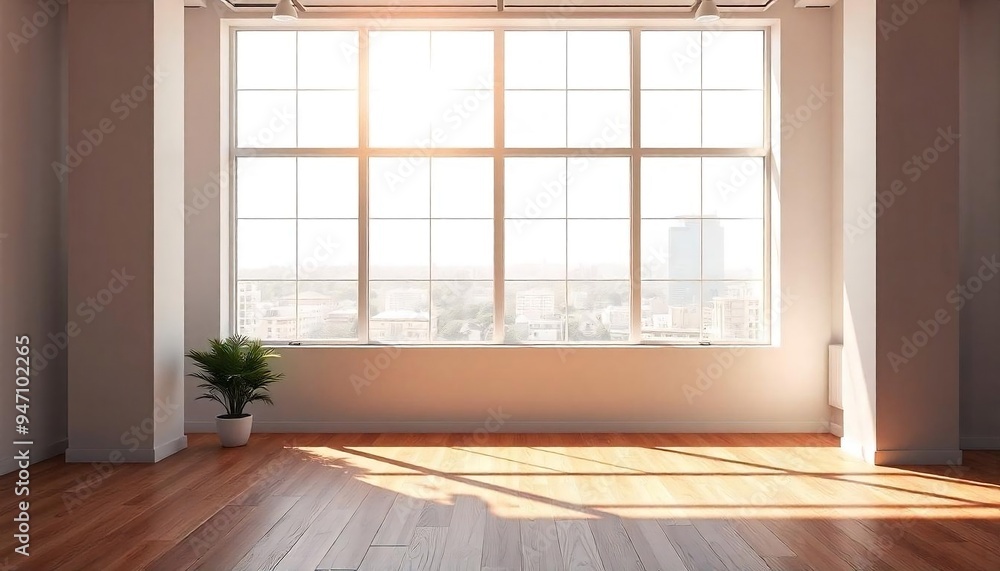 Fototapeta premium Blank wall in bright office mockup with large windows and sun passing through, Empty Office Space HDR, Architecture, Indoor, interior, sunlight, 3D rendering created with generative ai