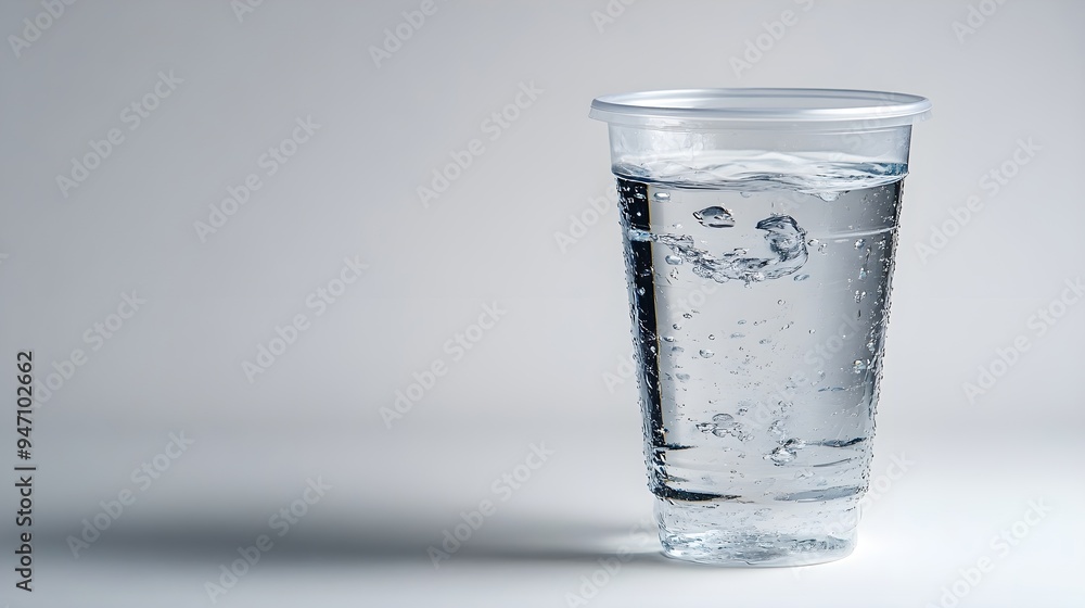 Clear Plastic Cup of Water with Bubbles on White Background Clear Plastic Cup of Water with Bubbles on White Background