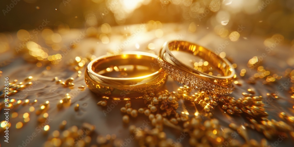 Two gold wedding rings placed on a table, ideal for wedding or engagement photography Two gold wedding rings placed on a table, ideal for wedding or engagement photography