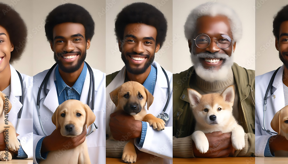 Generations of Veterinary Care: A heartwarming collage showcasing the diverse faces of veterinary professionals, each lovingly holding a puppy, representing the enduring bond between humans and animal Generations of Veterinary Care: A heartwarming collage showcasing the diverse faces of veterinary professionals, each lovingly holding a puppy, representing the enduring bond between humans and animal