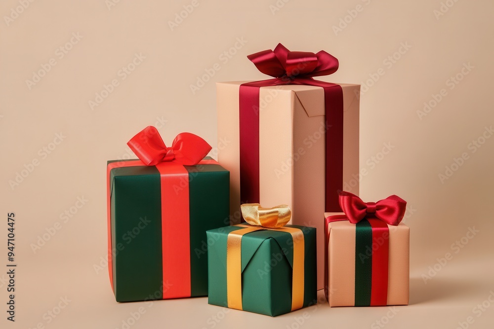 Obraz premium The arrangement showcases a variety of minimalist Christmas gift boxes adorned with colorful ribbons and geometric designs. Generative AI