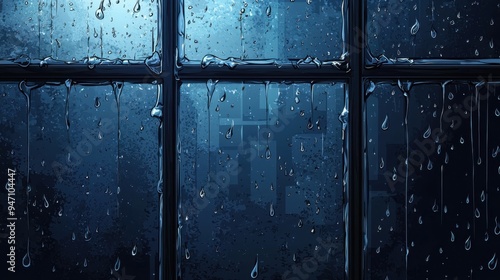 A close-up view of rain droplets on a window, creating a moody atmosphere with blue tones and soft reflections.