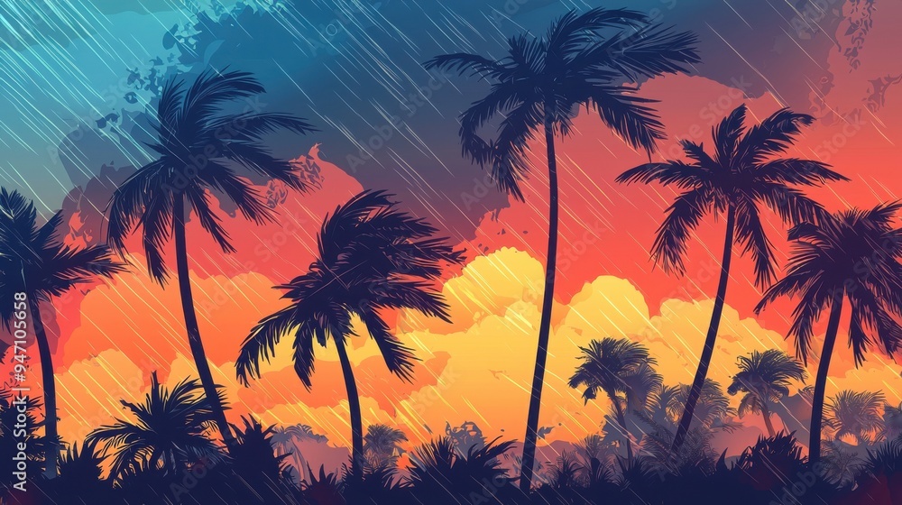 A vibrant sunset over palm trees, showcasing a blend of colors in a dreamy, tropical landscape scene. A vibrant sunset over palm trees, showcasing a blend of colors in a dreamy, tropical landscape scene.