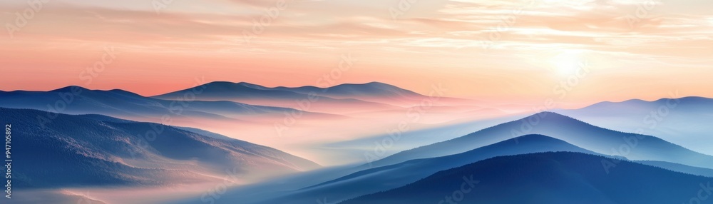 Obraz premium Serene landscape featuring misty mountains and a colorful sunrise, perfect for nature lovers and landscape photography enthusiasts.