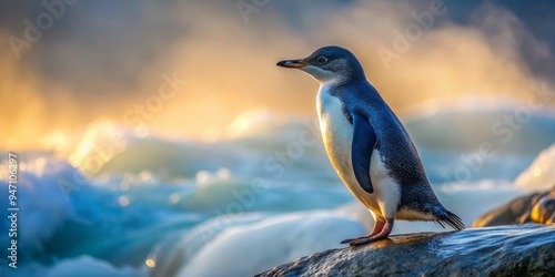 Among rippling surf, granite rocks, and misty coastline, a little blue penguin waddles on one flipper, its velvety black-and-blue feathers illuminated by subtle sidelight.