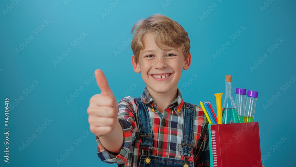 Happy Schoolboy Giving Thumbs Up with Science Supplies Against Blue Background Happy Schoolboy Giving Thumbs Up with Science Supplies Against Blue Background
