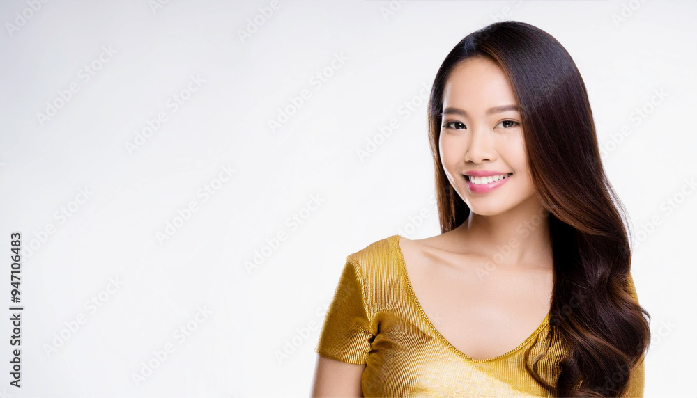 A portrait of an Asian woman wearing golden-colored clothing and smiling. A portrait of an Asian woman wearing golden-colored clothing and smiling.