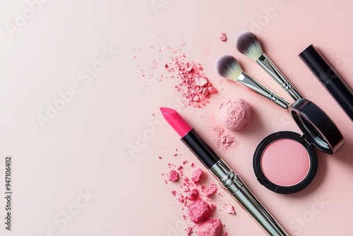 A stylish layout features vibrant lipstick, soft blush, and makeup brushes on a clean light background, highlighting beauty essentials. Generative AI