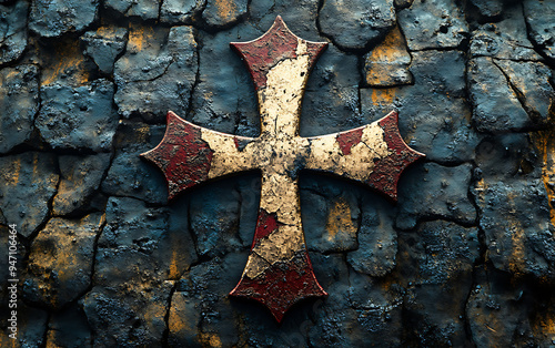 Close-Up of Iconic Knights Templar Symbols: Cross Pattee on Stone & Metal photo