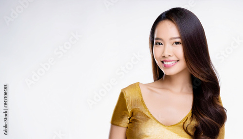 A portrait of an Asian woman wearing golden-colored clothing and smiling.