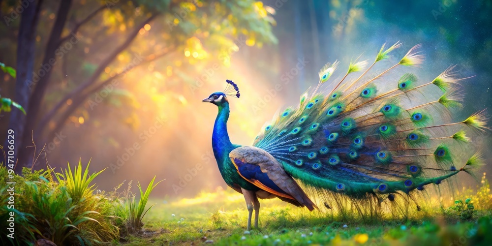 A morning mist shrouds a lush forest glade, where an Elegant Indian Peafowl's radiant plumage glistens, its vibrant blue throat fan and delicate lashes a beacon of beauty in soft focus. A morning mist shrouds a lush forest glade, where an Elegant Indian Peafowl's radiant plumage glistens, its vibrant blue throat fan and delicate lashes a beacon of beauty in soft focus.