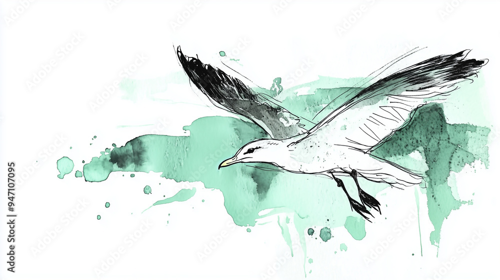 Fototapeta premium Graphic banner - Watercolor sketch illustration of a seagull flying in the sky