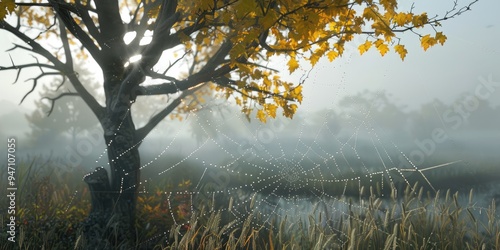 Morning fog with spider web drops and spider on a tree