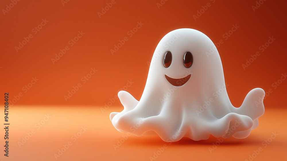 Happy Halloween Ghost. A cute, cartoon-style ghost with rosy cheeks and a big smile floats against an orange background, perfect for Halloween-themed designs and illustrations. Happy Halloween Ghost. A cute, cartoon-style ghost with rosy cheeks and a big smile floats against an orange background, perfect for Halloween-themed designs and illustrations.