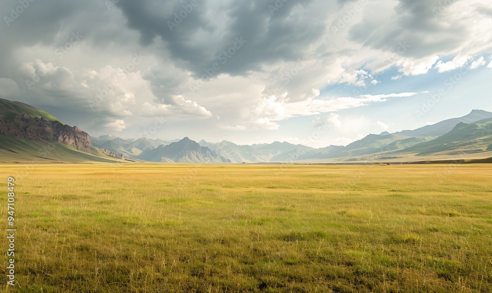 Vast mountainous landscape with stormy clouds over a golden meadow Vast mountainous landscape with stormy clouds over a golden meadow