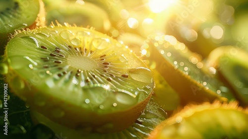 Kiwi fruit benefits close up, focus on, copy space bright and juicy, Double exposure silhouette with sliced kiwi photo