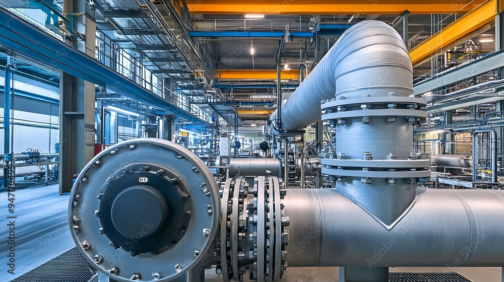 A long silver pipe with many valves and a blue sky in the background. The pipe is connected to a large industrial plant A long silver pipe with many valves and a blue sky in the background. The pipe is connected to a large industrial plant