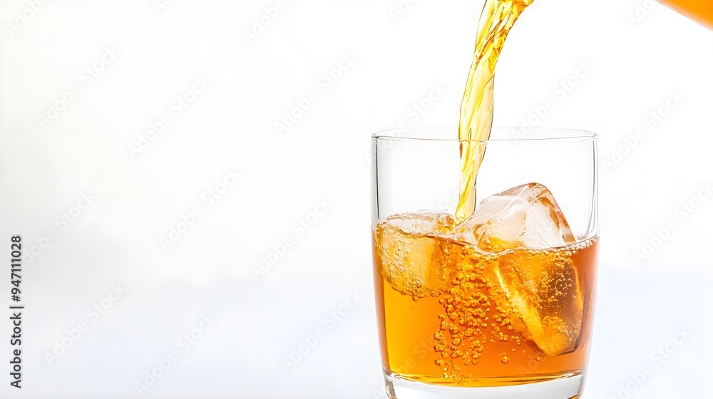 Orange Juice Pouring into Glass with Ice Cubes Orange Juice Pouring into Glass with Ice Cubes