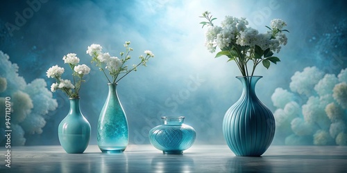 Elegant decor with blue vases and delicate flowers against a misty background, creating a serene atmosphere