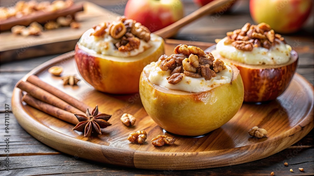 Apple dessert with a creamy ricotta cheese filling, topped with crunchy walnuts, sprinkled with cinnamon and drizzled with honey Apple dessert with a creamy ricotta cheese filling, topped with crunchy walnuts, sprinkled with cinnamon and drizzled with honey