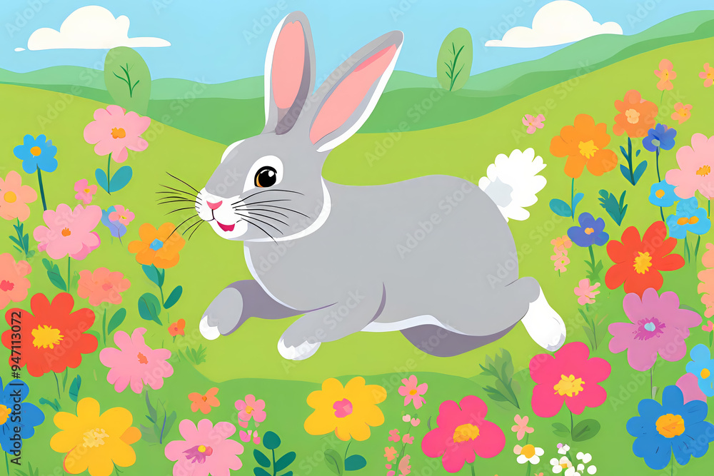 A little gray rabbit is running around in a field of flowers. A little gray rabbit is running around in a field of flowers.