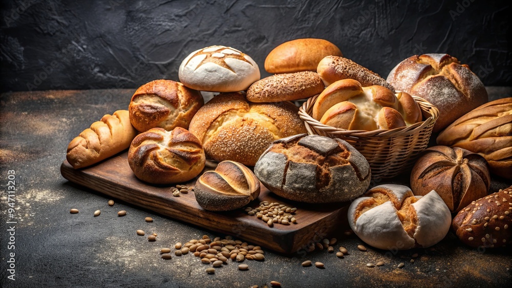 Assortment of baked bread and bread rolls on rustic black bakery table background, bread, rolls, bakery, assortment, baked, table Assortment of baked bread and bread rolls on rustic black bakery table background, bread, rolls, bakery, assortment, baked, table