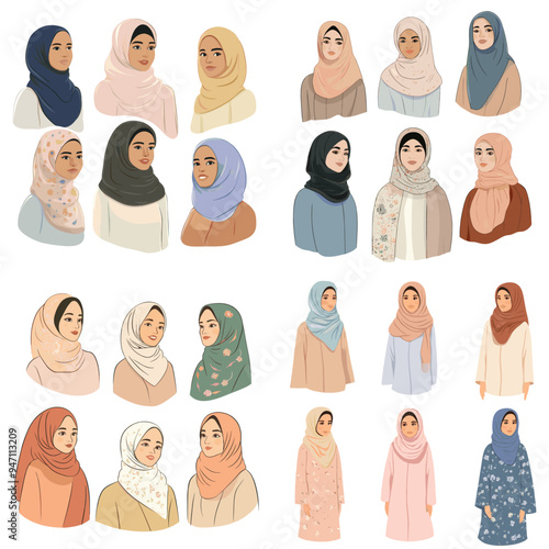 A collection of women wearing different colored headscarves. The women are all wearing different colored headscarves, and the collection is meant to showcase the variety of colors and styles available