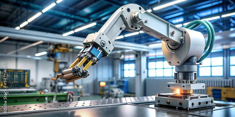 Robotic arm precision assembling electronic components , technology, automation Robotic arm precision assembling electronic components , technology, automation