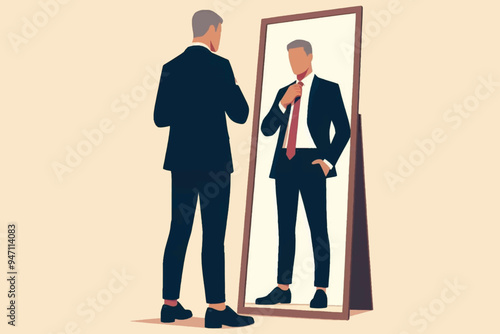 A symbol of self-confidence and the importance of appearance, A businessman adjusts his tie while looking at himself in the mirror