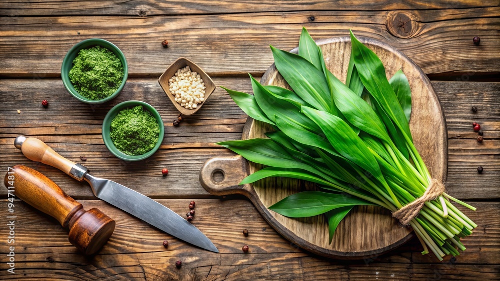 Ingredients for a wild garlic pesto recipe, fresh ramson leaves and an antique knife on rustic wooden background, ramson Ingredients for a wild garlic pesto recipe, fresh ramson leaves and an antique knife on rustic wooden background, ramson