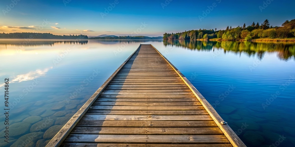 Peaceful reflection of a long wooden pier stretching out into a calm lake, lake, reflection, pier, wood, tranquil, serene Peaceful reflection of a long wooden pier stretching out into a calm lake, lake, reflection, pier, wood, tranquil, serene