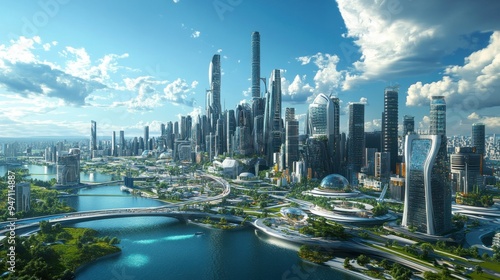 Futuristic eco city skyscrapers against the sky