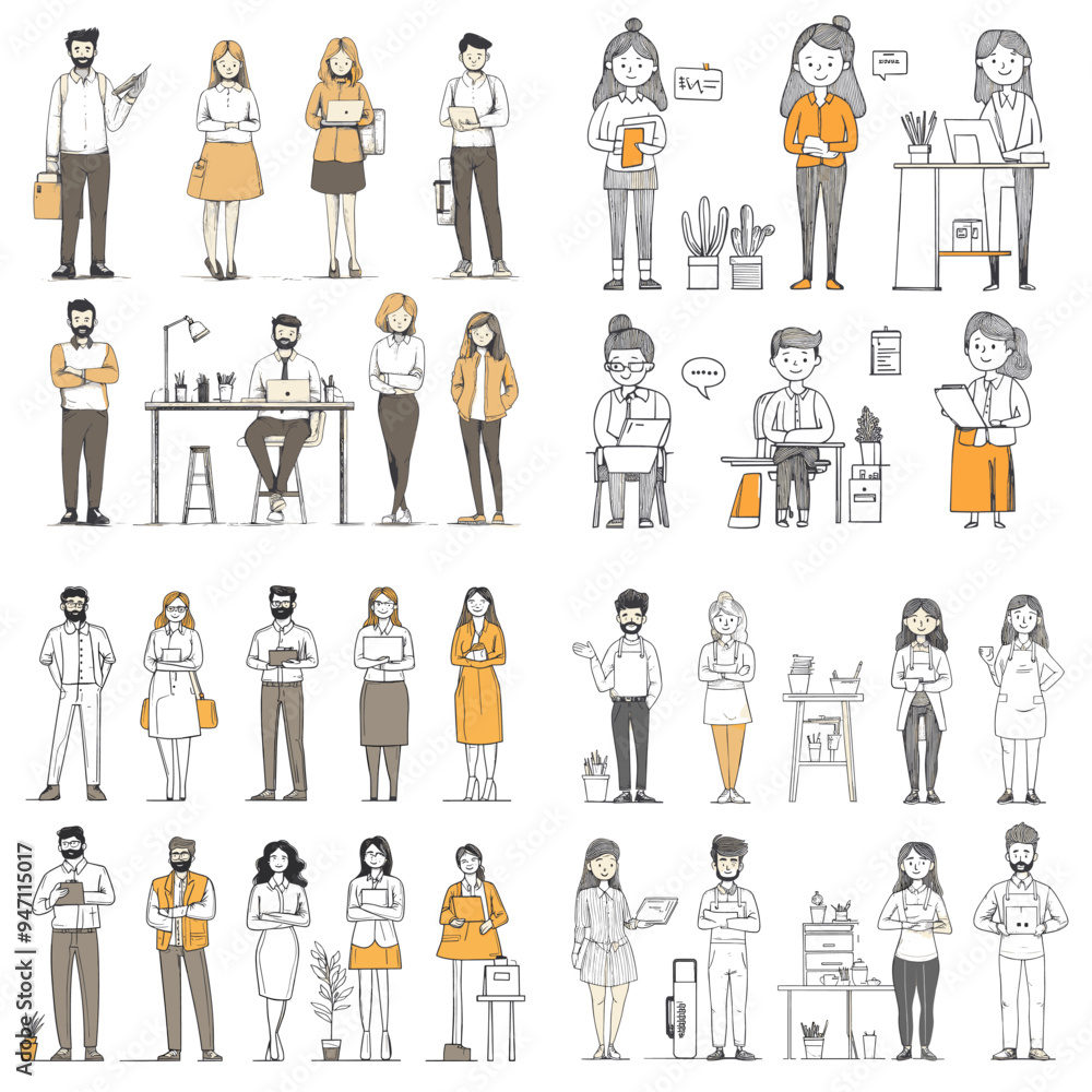 A collection of cartoon characters in various poses, some of which are holding items like a laptop, a book, and a cup A collection of cartoon characters in various poses, some of which are holding items like a laptop, a book, and a cup