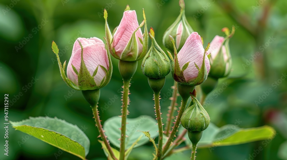 Close-Up of Pink Rose Buds with Thorny Stems Close-Up of Pink Rose Buds with Thorny Stems