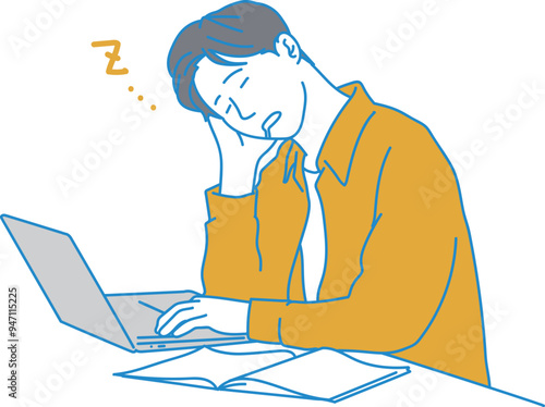 仕事中に眠い男性のシンプルイラスト