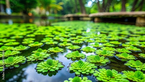 Close up of vibrant green Azolla fern floating on water surface in a farm garden, Azolla photo