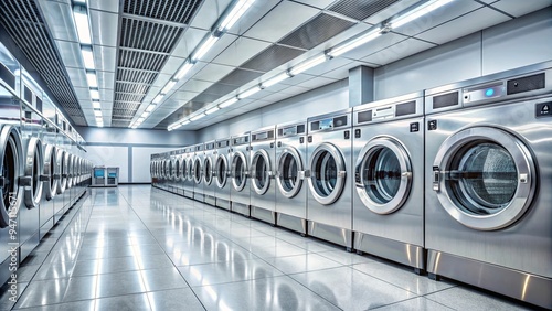 Interior of a modern laundromat with rows of washing machines and dryers, laundry, laundromat, washing machines