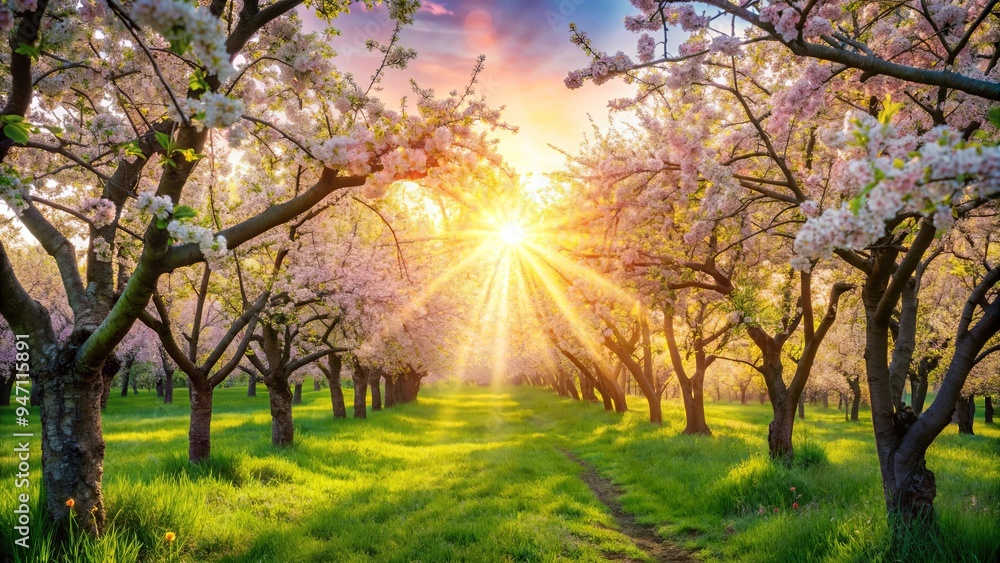 Naklejka premium Beautiful spring nature scene with blooming flowers, trees