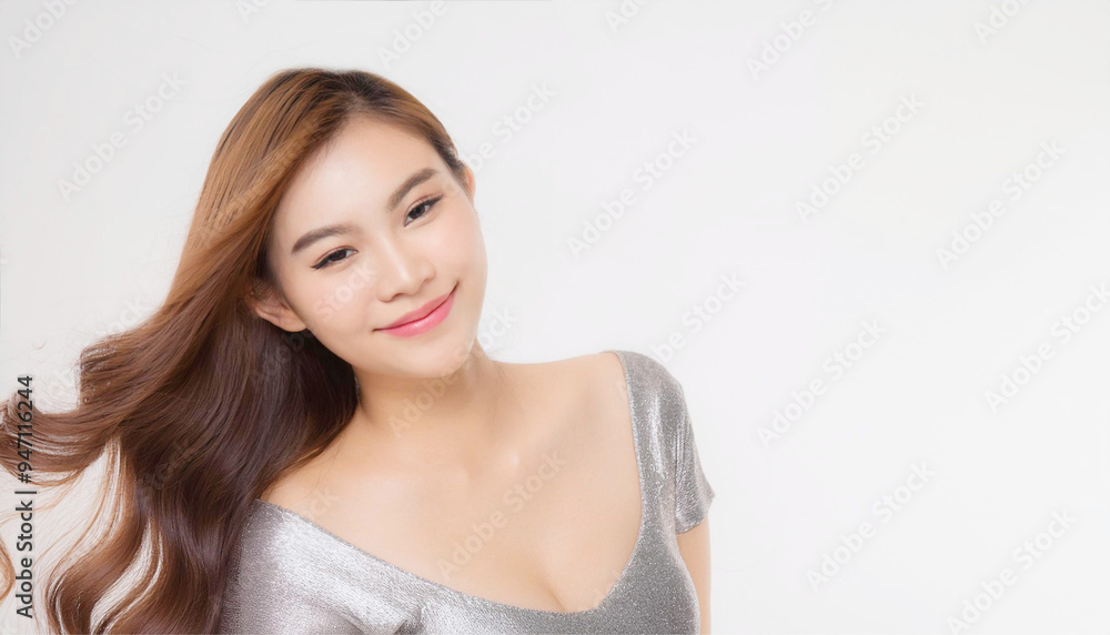 A portrait of an Asian woman wearing silver-colored clothing and smiling. A portrait of an Asian woman wearing silver-colored clothing and smiling.
