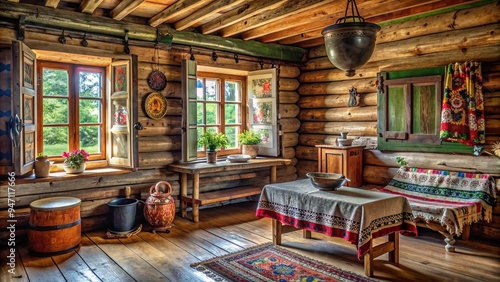 Traditional interior of a rustic old Russian countryside house, rustic, traditional, Russian, countryside, house, interior photo