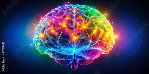 Vibrant representation of a human brain with glowing colors, symbolizing intelligence and creativity, vibrant