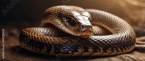 Close-up of a Brown Snake with Scales and Glowing Eye