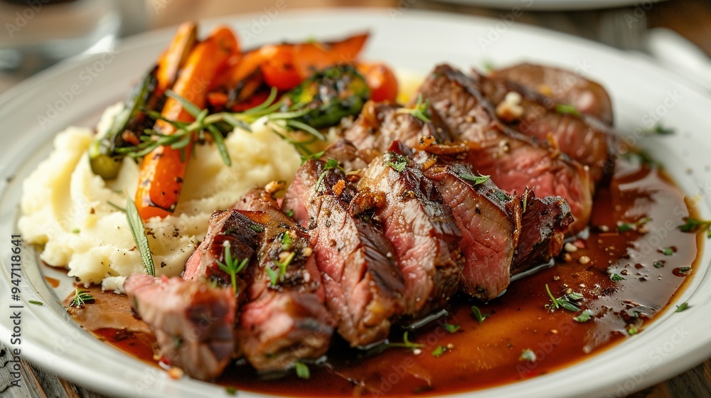 Grilled Steak with Mashed Potatoes, Carrots, and Rosemary Grilled Steak with Mashed Potatoes, Carrots, and Rosemary