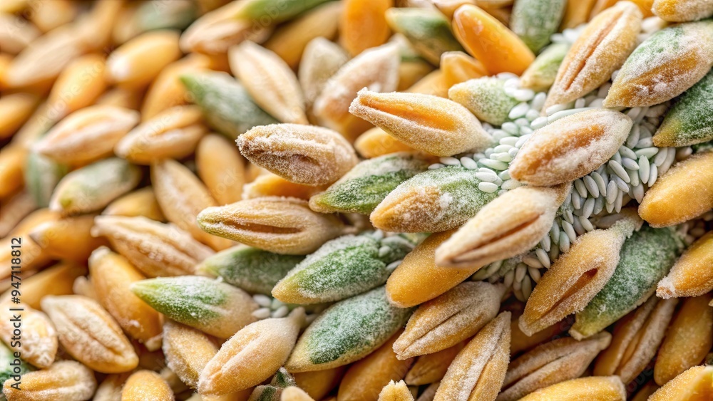 Naklejka premium Close-up of mold growth on wheat grains, mold, wheat, grains, fungus, close-up, natural, food, contamination, unhealthy