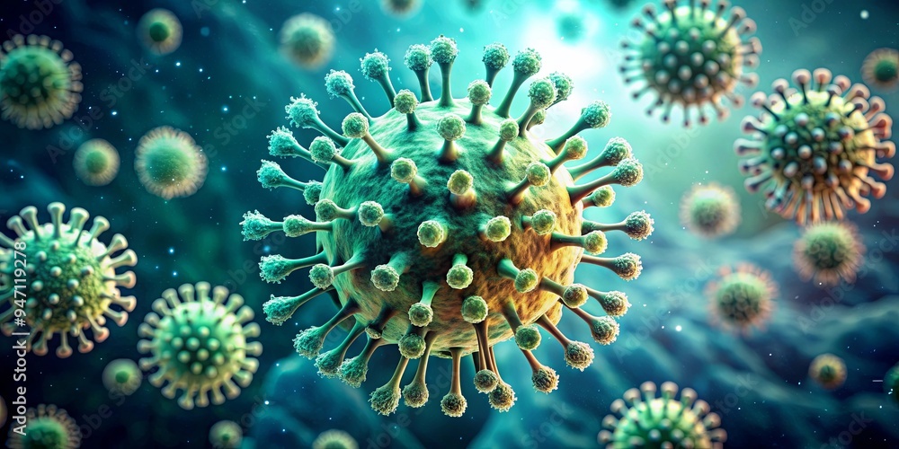 Close-up image of a virus spore under a microscope, human, virus, epidemic, contagious disease, germ, corona, flu, hepatitis Close-up image of a virus spore under a microscope, human, virus, epidemic, contagious disease, germ, corona, flu, hepatitis